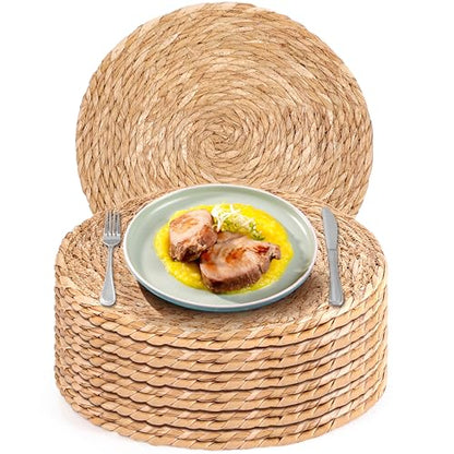 Round Woven Placemats Set of 12，12 Inch Natural Rattan Placemats Hand-Woven Water Hyacinth Placemat Farmhouse Rustic Braided Boho Wicker Table Mats for Christmas Dining Table Wedding Home (12 Inch) - size: 12