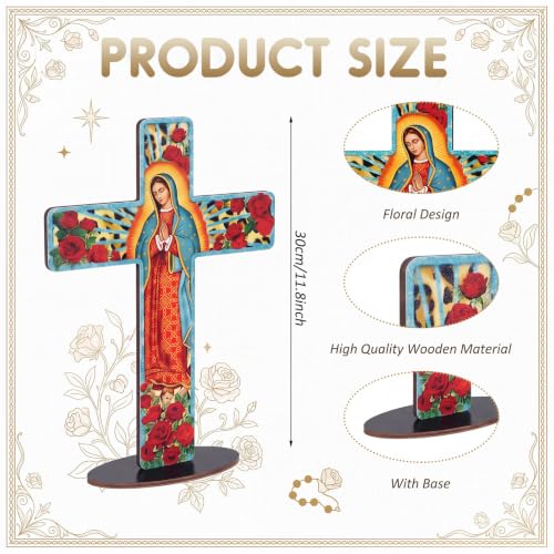 Yuntau 2 Pcs Floral Cross Table Decor Wooden Our Lady of Guadalupe Tabletop - style: Floral Cross
