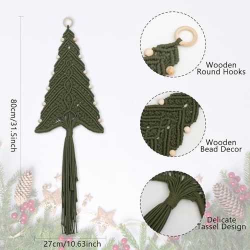 LB Macrame Christmas Tree Wall Hanging, Green Christmas Tree Wall Art Handmade Woven with Wood Beads Xmas Holiday Tapestry Funny Xmas Ornament for Bedroom Living Room Rustic Xmas Decor,10X31 Inch - color: Dark Green