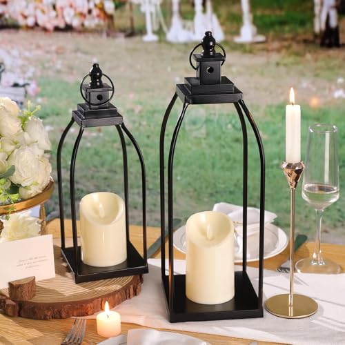 Decorative Candle Lanterns Set of 2, Black Metal for Indoor & Outdoor - size: 14+17in