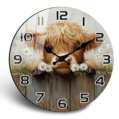 Vintage Wooden Wall Clock for Farmhouse - 16 Inch Large Wall-Clock Silent Non-Ticking Round Country Clock for Living Room, Home Decor Battery Operated - color: Retro Highland Cattle, size: 16inch