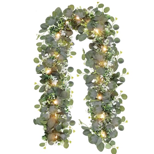 N&T NIETING 1 Pack Artificial Eucalyptus Garland with Lights, 6FT Artificial Greenery Summer Garlands, Battery Operated Twig Vine for Room Stairs Mantle Wedding Holiday Decoration Indoor Outdoor - size: 1