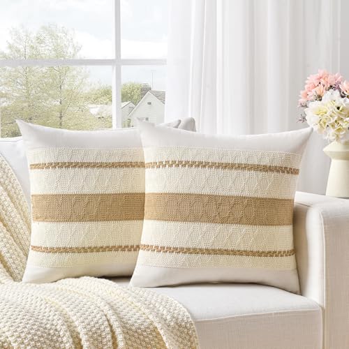 Fancy Homi Set of 2 Tan Neutral Decorative Throw Pillow Cover 14x14 Inch for Couch Bed Sofa, Aesthetic Modern Organic Farmhouse Boho Home Decor, Soft Cotton Cute Macrame Woven Taupe Cushion Case Gift - color: Tan, size: 14" x 14" (Pack of 2)