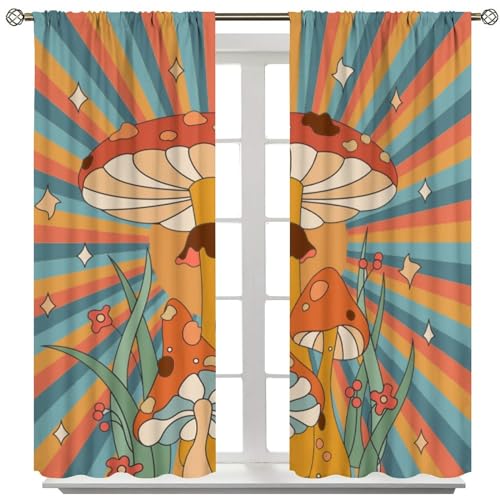 Boho Mushroom Curtains, 1970s Retro Sunset Rainbow Boho Herbs Flowers Blue Yellow Abstract Geometric Print Blackout Window Drapes for Kids Bedroom Living Room 42x45 Inch - color: Retro Mushroom-3, size: 21"W x 45"L (Pack of 2)