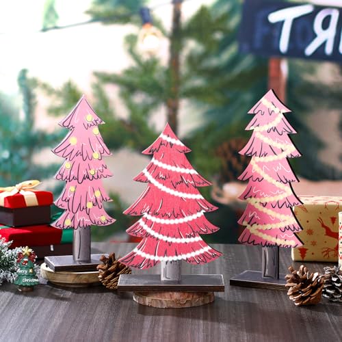 Meooeck 3 Pack Wood Christmas Trees for Tabletop, Pattern Print, Pink - color: Pink, style: Pattern Print