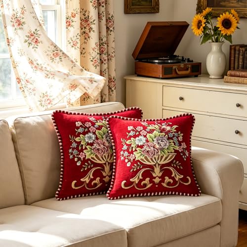 Set of 2 Red Vintage Embroidered Throw Pillows Covers 18x18in Sofa Couch,Red Floral Embroidered Cushion Cover for Sofa Bed Chairs Car - color: Red