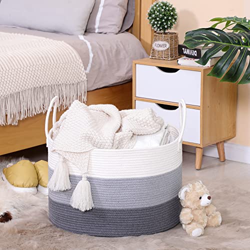 KAKAMAY Large Blanket Basket (20"x13"),Woven Baskets for storage Baby Laundry Hamper,Cotton Rope Blanket Basket for Living Room, Laundry, Nursery, Pillows, Baby Toy chest with Handles (White/Grey) - color: White and Grey