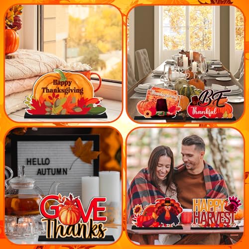 CroBlissful 6 Pcs Thanksgiving Wood Table Centerpiece, Turkey Pumpkin Decor - style: Thanksgiving