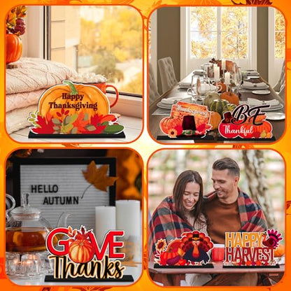 CroBlissful 6 Pcs Thanksgiving Wood Table Centerpiece, Turkey Pumpkin Decor - style: Thanksgiving