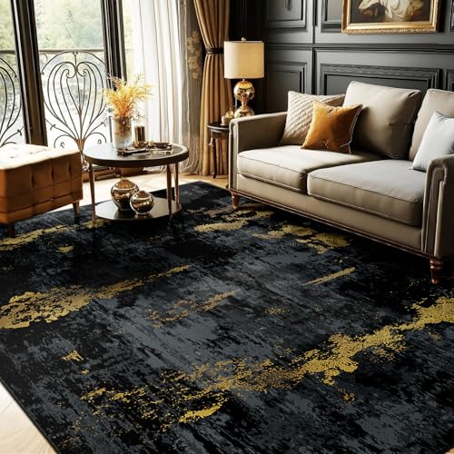 RELEANY Washable 5'x7' Abstract Area Rug for Living Room Black Gold - color: Black/Gold, size: 5' x 7' (Rectangular)
