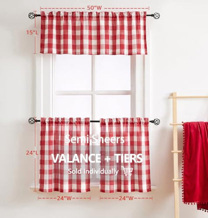 Red Check Kitchen Tier Curtains Small Short Semi Sheer Café Curtains 27x24" - color: Red and White, size: 24"W x 24"L (Pack of 2)