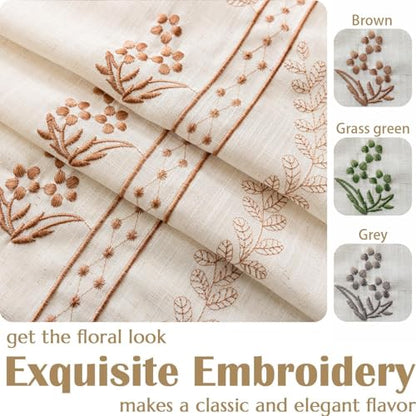 Beige linen blend brown embroidery FloralGrommet Curtains, 55”*83“ 2 Panels - color: Brown, size: 55"W x 83"L (Pack of 2)