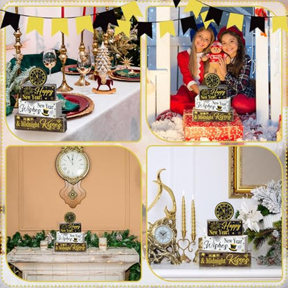 Moucuny 4 Pcs New Year Table Decorations, Happy New Year Wood Block Sign - style: Clock