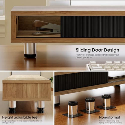 Fenge Dual Monitor Stand with Storage, Desk Shelf with Glass Sliding Door - color: Dark Oak