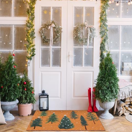 Dunzy Christmas Doormat Outdoor Snowy Forest Welcome Faux Coir Non-Slip Mat - style: Green Christmas Tree