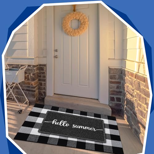 Geelin 2 Pcs Hello Summer Doormat, Black and White Buffalo Plaid Rug Set - style: Hello Summer