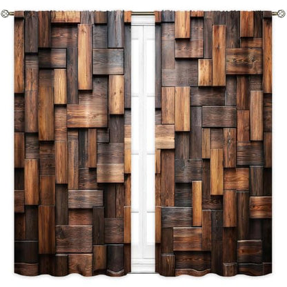 Brown Rustic Farmhhouse Wooden Block Living Room Bedroom Window Curtains - color: A-brown, size: 42"W x 63"L (Pack of 2)