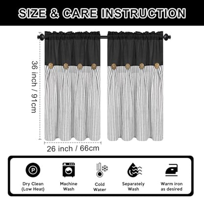 ASPMIZ Farmhouse Kitchen Curtains 24 Inch Length, Black Stripe, 2 Panels - color: Black&grey, size: 26"W x 36"L (Pack of 2)