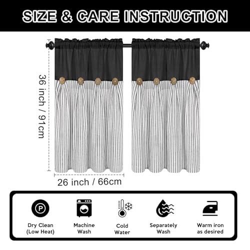 ASPMIZ Farmhouse Kitchen Curtains 24 Inch Length, Black Stripe, 2 Panels - color: Black&grey, size: 26"W x 36"L (Pack of 2)