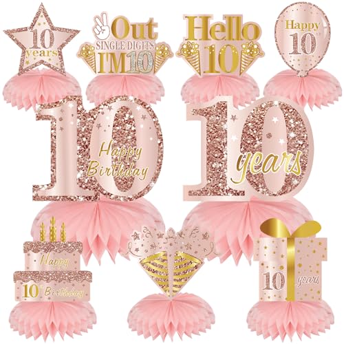 Turypaty Happy 10th Birthday Honeycomb Table Centerpieces Decorations Girls - style: Pink Rose Gold 10th