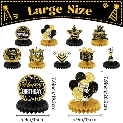 9 PCS Happy Birthday Party Table Decorations | Black and Gold Birthday Center Pieces for Table | Birthday Honeycomb Table Centerpieces | Reusable Birthday Table Toppers for Girls Boys Women Men