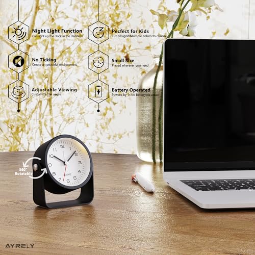 AYRELY® 3.5" Small Analog Travel Alarm Clock, Battery Operated Desk Clock - color: Black