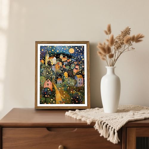 AVECCO Gustav Klimt Style Village Night Wall Art Framed Canvas 8x10 Inch - color: colorful, size: 10"L x 8"W