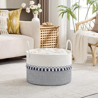 KAKAMAY Large Blanket Basket with Handles, Storage Basket for Living Room - color: White and Blue