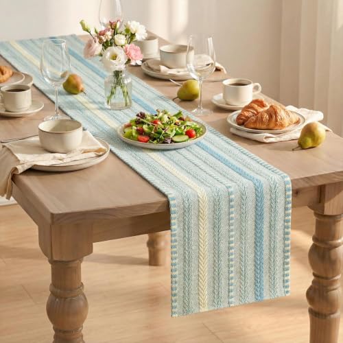 Artoid Mode Sky Blue Farmhouse Stripe Braided Table Runner 12x72 Inch - color: Sky Blue, size: 12" x 72", Table Runner