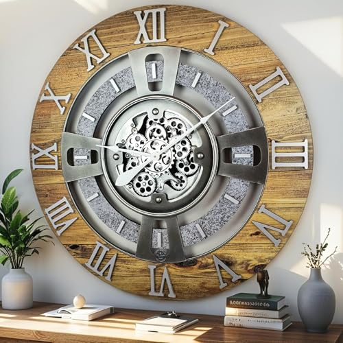 ImprovingLife The Gears Clock Real Moving Gear Wall Clock England Line (Wood & Stone, 24 inches (60 cm)) - color: Wood & Stone, size: 24 inches (60 cm)