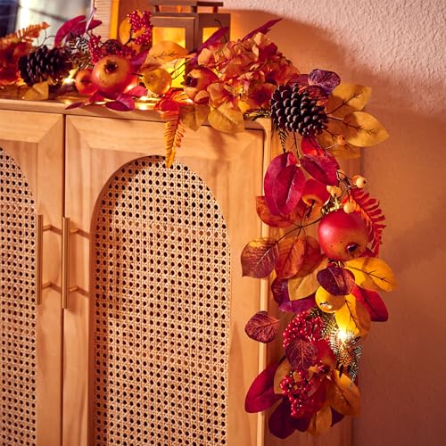 DecorbyHannah 6ft Fall Garland for Mantle with Lights & Leaves Pomegranate