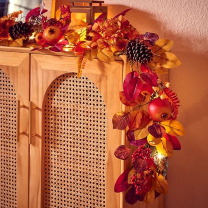 DecorbyHannah 6ft Fall Garland for Mantle with Lights & Leaves Pomegranate