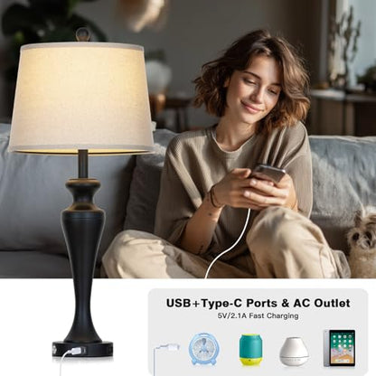 30 Inch Black Table Lamp Single, 3-Way Dimmable Touch Control Living Room Lamps with USB A+C Ports and AC Outlet, Tall Bedside Lamps for Nightstand, Modern Metal Bedroom Lamp, Bulb Included - color: Black-1PK
