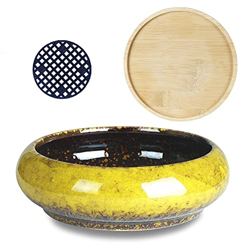 ARTKETTY Succulent Pots, 7.3 Inch Ceramic Bonsai Pots with Drainage Tray - color: Yellow
