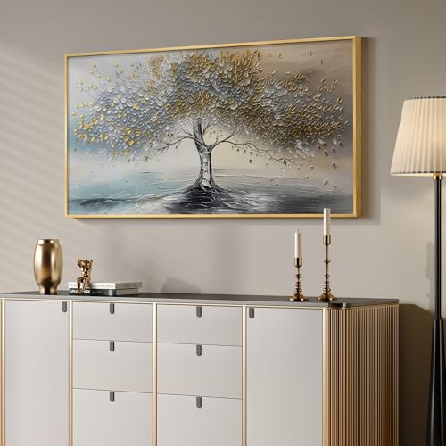 Large Gold Framed Tree of Life Wall Art for Living Room, Modern Abstract Blue Golden Tree Canvas Painting Prints, Luxury Artwork for Bedroom Hallway Kitchen Dining Room Office Wall Decor, 60x30 Inch - color: Blue Gray Gold, size: 60"L x 30"W