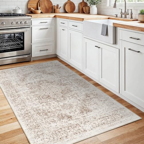 3x5 Washable Runner Rug: Vintage Medallion Kitchen Soft Rugs IvoryBeige - color: Ivory/Beige, size: 3x5