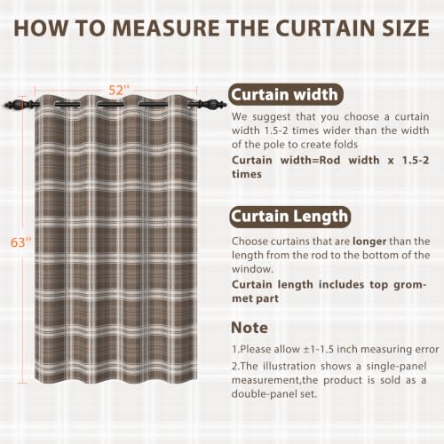 Brown Beige Plaid Blackout Curtains 2 Panels, Rustic Vintage Checkered Room Darkening Curtains 63 Inches Long, Neutral Farmhouse Cottage Gingham Window Drapes for Living Room Bedroom, 52" x 63" - color: Gingham - Brown, size: 52"W x 63"L (Pack of 2)