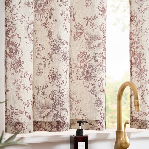 jinchan Red Floral Linen Kitchen Tier Curtains and Valance Set 3 Pieces - color: Alice | Red on Linen, size: 26"W x 36"L (Pack of 3)