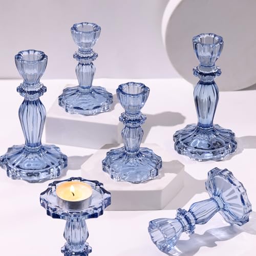 Blue Candlestick Holders Set of 6, Taper Candle Holders - color: Blue