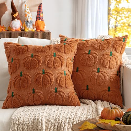 MIULEE Fall Pumpkin Pillow Covers Fall Decor Dark Rust Green Stem 16x16 - color: Dark Rust Green Stem, size: 16" x 16" (Pack of 2)