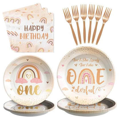 Greencian 96Pcs Isn't She Onederful Birthday Party Decorations, Serve 24 - style: Onederful 1st Kit