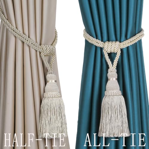 BEL AVENIR 2 Pack Curtain Tiebacks Tassel Drapery Tie-Backs Rope Holdbacks - color: Light Beige, size: 2 Pack