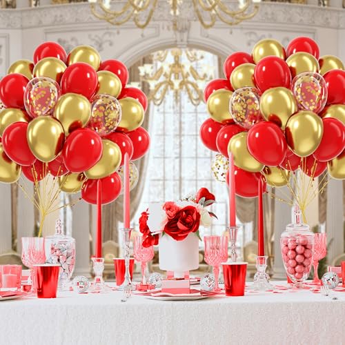60pcs Red and Gold Balloons 12inch with Confetti Balloons - color: Red Gold