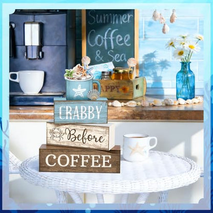 Lineshading 4 Pcs Coffee Beach Decor Wooden Blocks, Coastal Tiered Tray - style: Beach Coffee