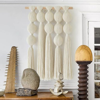 Macrame Wall Hanging Geometric Yarn Spheres Cotton Tassel Art 15.7"W*19.6"L - color: Ivory2