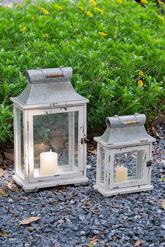 Rustic Wooden Candle Lanterns - Set of Two, Decorative Hurricane Lantern Holders for Indoor Outdoor Use - Home, Garden, Wedding Decor