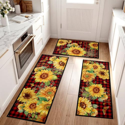 Fourluoo 3 Pcs Sunflower Kitchen Rugs and Mats Set Red Black Buffalo Plaid - color: Red Black Buffalo Plaid