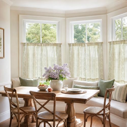 jinchan Linen Striped Tier Curtains for Kitchen Windows Boho - color: Boho Green | on Beige, size: 26"W x 20"L (Pack of 2)