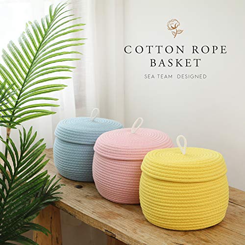 Sea Team Round Woven Cotton Rope Storage Basket with Lid, Blue - color: Blue, size: Small
