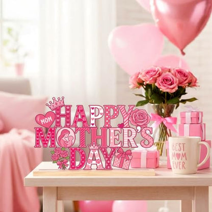Roowest Metal Happy Mother's Day Tabletop Sign Decor with Wooden Base - style: Happy Mother's Day